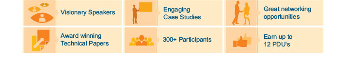 Visionary speakers sharing their wealth of knowledge | Impactful project presentations | Great networking opportunities | Choice of informative technical & individual excellence sessions | 300+ Participants from diverse fields. | Earn up to 12 PDU's